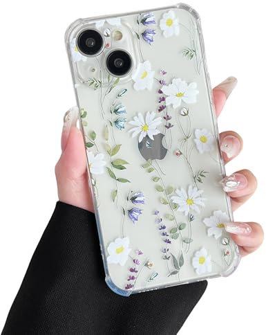 DEFBSC Case for iPhone 14, Cute Clear Floral Flower Pattern Design for Girls Women Slim Fit Shockproof Soft TPU Bumper Protective Cover - White