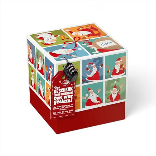 SURPRISA Geschenkbox für Weihnachten, Rätselbox Geldgeschenke Verpackung für Gutscheine, Weihnachtsmann Rätsel, Größe M (16cm)