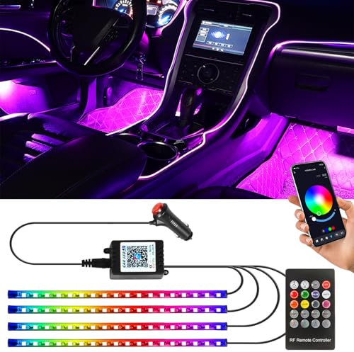 GOMETY Auto LED Innenbeleuchtung, 4pcs 72 LED Streifen RGB Auto Innenraumbeleuchtung Ambientebeleuchtung 12V Zigarettenanzünder LED Strip mit APP Steuerung & Fernbedienung Dynamic Music Neon