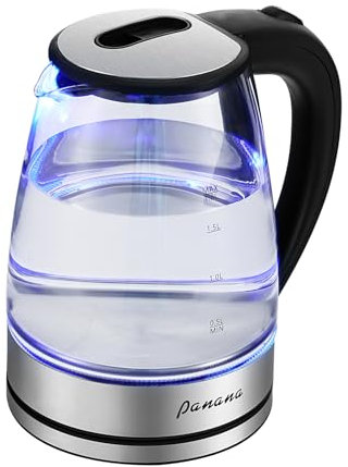 Panana Electric Kettle Glass Kettle with Blue LED, 1.8L, Rapid Boil, 1800W, Auto Shut-Off, Easy to Clean, BPA Free