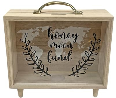 Pomurom Honeymoon Fund Money Box, Wooden Shadow Piggy Bank for Cash and, Wedding Honeymoon Fund Savings Box Jar with Handle, Adults