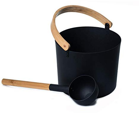 Secchio in alluminio per sauna finlandese, 7 l, con cucchiaio lungo manico in legno e mestolo abbinato, nero