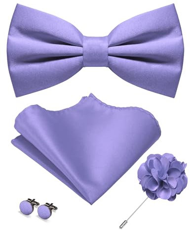 JEMYGINS Herren Matte Einfarbige Fliege mit Taschentuch Manschettenknöpfen und Ansteckblume Set Lavendelviolett