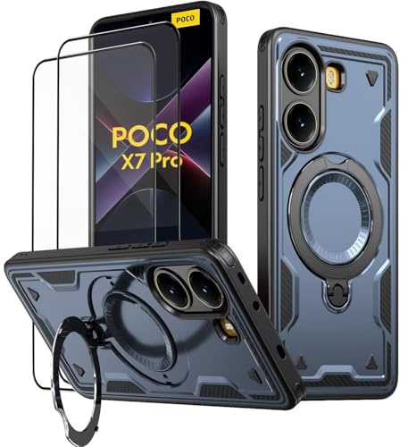 KANSi Hülle für Xiaomi Poco X7 Pro/Poco X7 Pro 5G mit Schutzglas*2, Militär Handyhülle Ständer Stoßfest Gehäuse mit Metallring Ringhalterung - Panzerhülle Blau