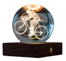 Gingko Design Amber Crystal Light – Cyclist | 3D Laser-Engraved Crystal Night Lamp on Walnut Wood Base, USB-C Rechargeable, 3 Light Levels, Gift of The Year 2024