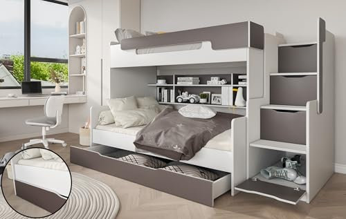 Generisch Harry 2 Personen Etagenbett mit 4 Regalen und grosser Schublade Weiss/grau