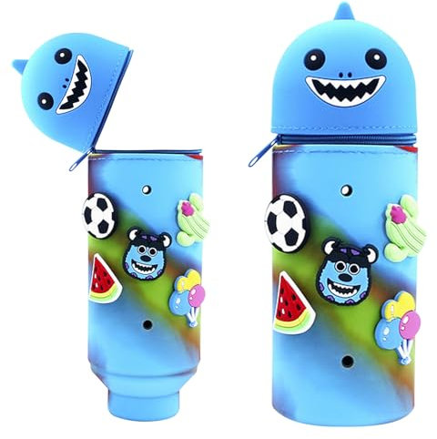 Wydexint Kawaii Federmäppchen, Mäppchen, 2-in-1 Weiche Silikontasche,Stand Up Federmäppchen, Tier Stifthalter, Cartoon Bleistifthalter Für Mädchen Und Jungen (Hai)