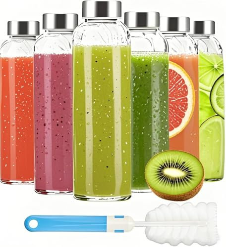 ALINK 18oz Glass Juice Bottles with Lids Set of 6,Clear Glass Water Bottles,Reusable Drinking Bottles with Stainless Steel Airtight Cap,Storage Containers for Refrigerator-BPA Free,Leak Proof