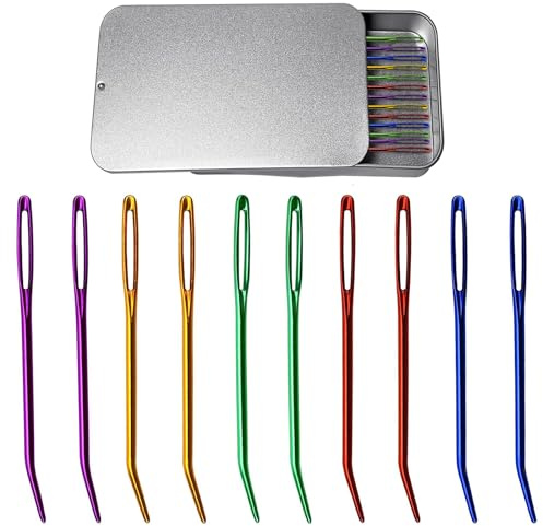 10 Stück Garnstopfnadeln, stumpfe Garnnadeln, große Webnadeln mit großem Öhr, Sticknadeln mit gebogener Spitze, für Wandteppiche, Weben, Nähen von Wolle, Stopfen, Stricken und Häkeln, mit Eisenbox