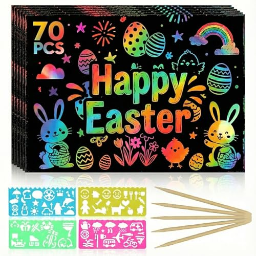 CMTOOP 70 PCS Mess Free Rainbow Scratch Paper Art for Kids - Fun Animal Shapes Travel Activity Craft Kit - Magic Scratch Boards for Goodie Bag Stuffers Birthday Party Favors Classroom Prizes