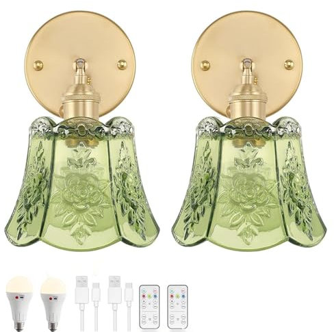 LOGT Vintage Wandleuchte Dimmbar mit Schalter Innen Verstellbar Wandlampe mit Fernbedienung E27 Retro Gold Metall Wand Nachttischlampe mit Grün Glas Lampenschirm für Schlafzimmer Wohnzimmer,2pcs