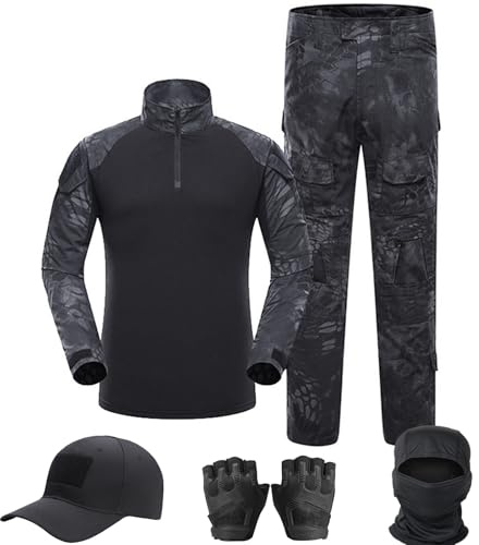 SANYETS Taktischer Anzug, Kampfhose und Hemd, Mütze, Handschuhe, Sturmhaube, Set, schwarze Camouflage-Uniform, Militär-Airsoftausrüstung