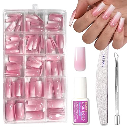 150PCS Long Press on Nails Set - Ombre False Nails with Glue - long Square Stick on nails - 15 Sizes Coffin Fake Nails for Women - Strong Nail Tips Glue on Full Cover Long Lasting for DIY Manicure