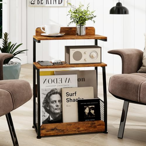 PUNCIA 3 Tier Slim End Table with Magazine Rack Retro | Nightstand Space Saving Furniture for Narrow Side Sofa Modern Thin Storage Unit Home Decoration Lounge Hallway Bedside Stand