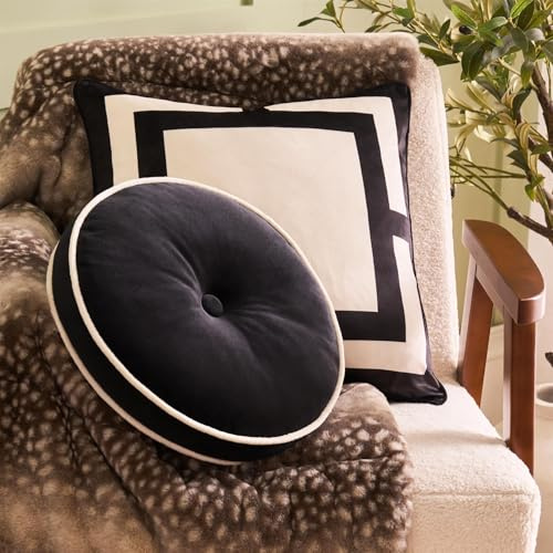 OHS Round Shaped Velvet Throw Pillow Soft Pleated Floor Pillow Round Scatter Cushion Decorative Couch Floor Seating Cushion for Sofa Chair Bedroom, Black/Cream - 30cm