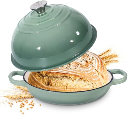 Homtone Olla holandesa de hierro fundido esmaltado de 22 cm, horno holandés para hornear pan de masa madre, olla de pan de hierro fundido con tapa (verde polvoriento, estándar)
