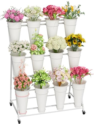 Support de fleurs à 3 niveaux avec 12 seaux, double cercle sans secousses, chariot de fleurs d'extérieur avec roues pour maison, terrasse, jardin, magasin, mariage, fête, exposition, intérieur (blanc)