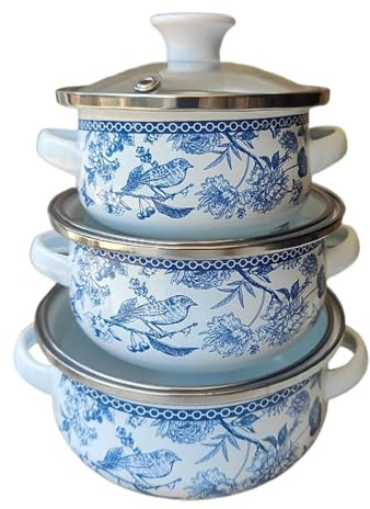 Sharplace 3-teiliger Kochtopf Emaille Suppentopf, Induktionstopf mit Deckelgriffen, Gemüsetopf mit Antihaftbeschichtung, Mini-Pastatopf Emaille Kochgeschirr für Haushalt, Restaurant, Camping, Blau