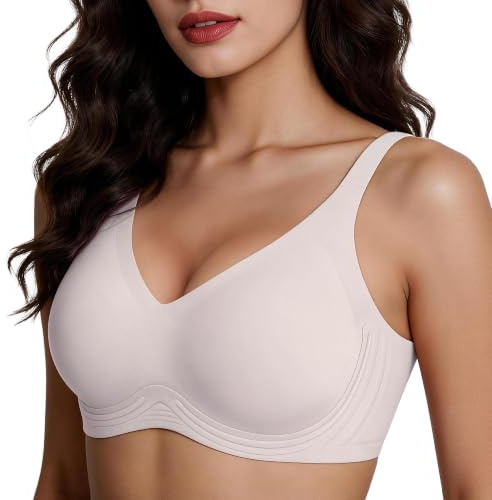 PQK Jelly Bra for Women Wireless Push Up Bra Seamless Comfortable T Shirt Bra No Underwire Full Coverage Support and Lift V Neck Everyday Bra