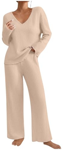 Ensemble Femme Chic Et Elegant Pantalon Et Haut 2 Pièces Vêtement De Nuit Tricot Décontracté Et Ample Vêtement D'Intérieur Sleepwear pour La Maison Survêtement Femme Ensemble Mode
