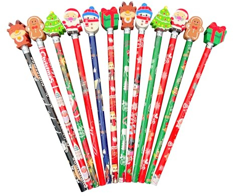 FloraVigo 12 Stück Weihnachtsbleistifte mit Radiergummi, Holzbleistifte im festlichen Design, Schreibwaren-Set für Büro, Zuhause, Notizen, Geschenkbeutel und Adventskalender