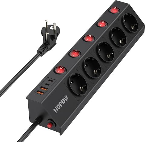 5-Fach Steckdosenleiste Einzeln Schaltbar 4 USB(2USB-C),2M Kabel | Steckdosenleiste Wandmontage mit USB,Überspannungsschutz 1700 J Mehrfachsteckdose (3680W/16A), Homeo,ffice, Hotelzimmer