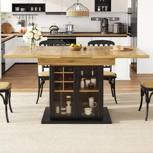 YEHTOKHOME Table à Manger Extensible 4-6 Personnes, pour Petits Espaces | Table de Cuisine Rectangulaire avec Rangement Vin, Porte Verre Trempé Soft-Close, pour Petits Espaces, 110-140x80 cm