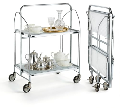 Treeboy Servierwagen Klappbar mit Rollen,2 Tier Ablagekorb aus Temperglas with Wheels,Küchenrollwagen für Küche, Barwagen, Rollwagen Metall, Teewagen, Weinwagen, moderner Getränkewagen