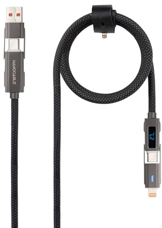 NANOCABLE 10.01.2501 - USB-C 2.0 Kabel 27W mit Digitalanzeige, USB-C+USB-A/M auf Apple+USB-C/M, schwarz, 1m