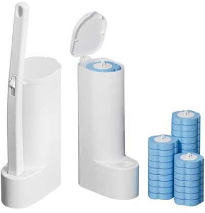 Escobillas de Baño Desechable, 2 Escobillas WC con Soporte de Pared, Escobilla WC Desechable con 24 Cabezales con Limpiador Integrado, Ahorra Espacio, Blanco