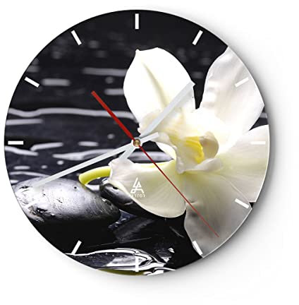 Modern Wanduhr Spa Orchidee Steine Wasser 30x30cm Rund Klein Wand Uhr Glas Analog Zimmeruhren Küche Büro Wohnzimmer Glasuhr Wall Clock Dekoration Design Wanddekoration Küchenuhr C3AR30x30-0444