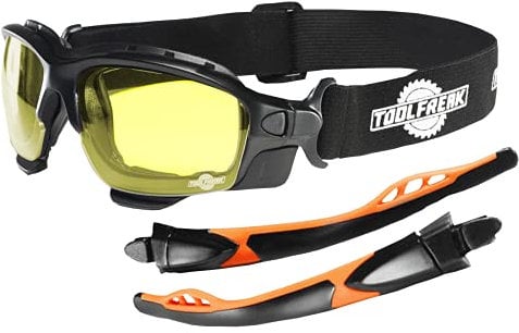 ToolFreak Spoggles Safety Glasses for Work and Sport HD Yellow Lens, Anti Glare, Impact Protection, Filter Out Blue Light, Foam Padded, ANSI Z87 Rated, Hard Case, Head Strap and Lens Cloth