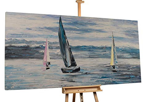 KunstLoft® XXL Gemälde 'Ausflug ins Blaue' 200x100cm | original handgemalte Bilder | Segelschiffe Meer Grau/Blau | Leinwand-Bild Ölgemälde einteilig groß | Modernes Kunst Ölbild