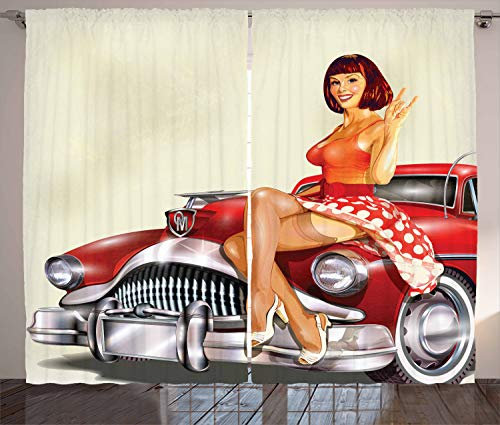 ABAKUHAUS Pin up Rustikaler Vorhang, Classic Retro-Auto, Wohnzimmer Universalband Gardinen mit Schlaufen und Haken, 280 x 175 cm, Beige Rot