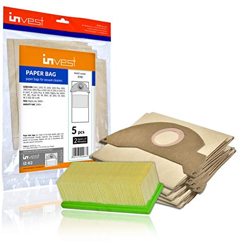 Invest - Lot de 5 sacs d'aspirateur de rechange, sacs filtrants compatibles avec Kärcher : 2501, 2501 TE, 2601 Plus, 3001, 3001 Hot, 3001 Plus, 6.904-143, Mighty Vac 2000+, SE 2001, SE 3001 - Marron