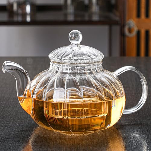 YUEMING Glass Teapot with Infuser, 600ml Heat Resistant Borosilicate Glass Teapot with Removable Infuser, Safe On Stovetop