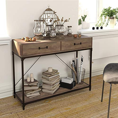 Mesa Consola con 2 Cajones y Estante para Hogar y Oficina, Mesa Auxiliar de Madera y Metal Negra para Vestíbulo, Pasillo, Salón, Dormitorio, Cocina