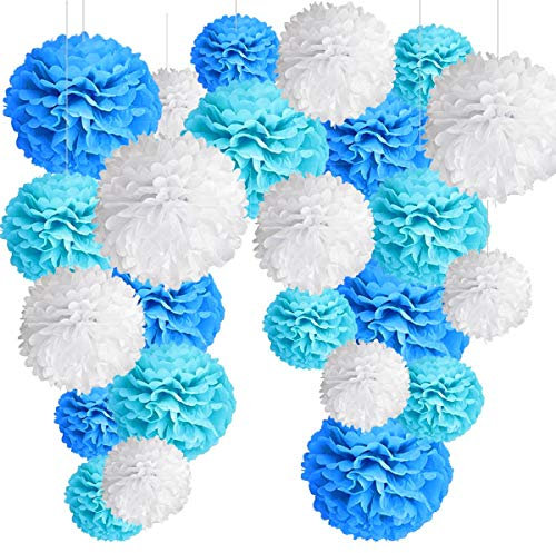 24er Blau Deko Seidenpapier Pompons, Dekorpapier Blumenpuscheln Papier, Rosetten, Papierfächer Dekoration für Taufe Junge, Geburtstag Party, Babyparty Baby Shower und Geburtstagsdeko -24Stk-