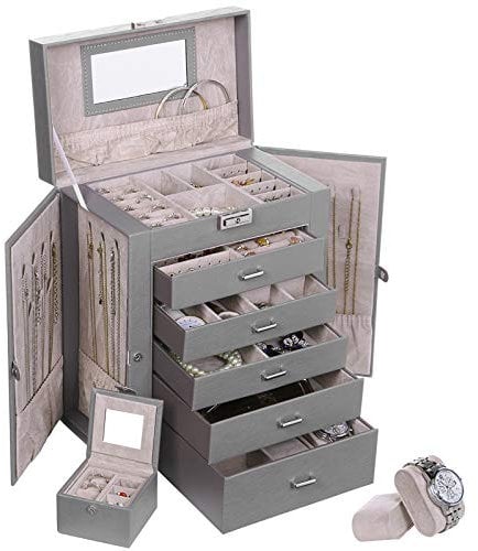 ANWBROAD 6 Tier Huge Jewellery Box Jewellery Organizer Display Storage Case Holder with Lock Mirror Girls Jewelry Box for Earrings Rings Necklaces Bracelets Gift Faux Leather JJB004 (Grey)