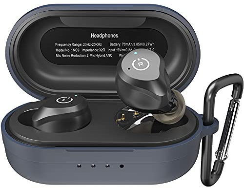 TOZO NC9 Funda Protectora de Silicona a Prueba de Golpes, Impermeable, Suave, Textura Mate para Auriculares NC9 con LED Frontal Visible y Llavero Azul