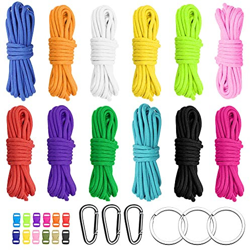 550 Paracord Set 12 Farben 3M Paracord Seil 550 Paracord Seil mit Schnallen, Karabiner und Schlüsselringen Paracord Gurte Paracord Armband, Bastelset für Schlüsselbänder, Schlüsselanhänger, Hundecolla
