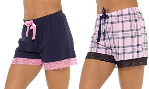 Damen Lounge-Shorts mit Spitzenbesatz Frauen Mädchen kurze Pyjamahosen Pink / Marine S UK 8-10 (2er-Pack)