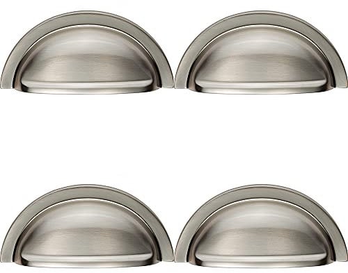 4 PACK | Cabinet Cup Pull Handle - 91 x 45mm - 76mm Fixing Centres - Satin Nickel | Pull Handle for Lightweight Internal Cupboard Doors - Metal Cabinet Cup Pull Handle - Kitchen Drawers