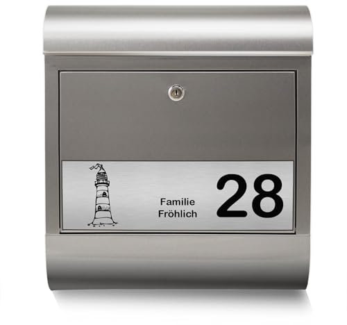 banjado® Briefkasten personalisiert mit graviertem Namensschild in Silber/Briefkasten Edelstahl 38x43x12cm / Briefkasten mit Hausnummer, Namen & Motiv Leuchtturm/Briefkasten mit Zeitungsfach