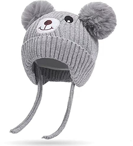 KEELYY Baby Mütze Beanie Strickmütze Herbst Wintermütze Süßer Bär Hut mit Earflap und Bindebändern Warm Hat für Jungen Mädchen
