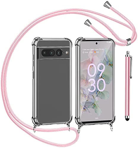 Coque pour Google Pixel 7 Pro Cordon de Collier Réglable Chaîne Antichoc Transparente Silicone Lanyard Case, Housse Étui de Protection - Rose