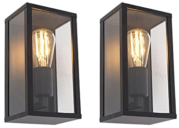 Qazqa Industrie außen Wandleuchte, Außenlampe mit Glas, Wandlampe für den Garten - Charlois - Schwarz, max. 40W, Geeignet für LED, 14cm, IP44, Im 2er-Set.