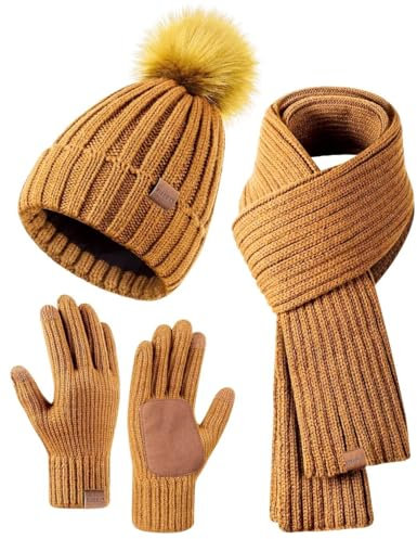 Winter-Set für Damen mit Mütze, Schal und Handschuhen, Mütze mit Bommel, langer Schal, Touchscreen-Handschuhe, 3-in-1-Set, gelb, Einheitsgröße