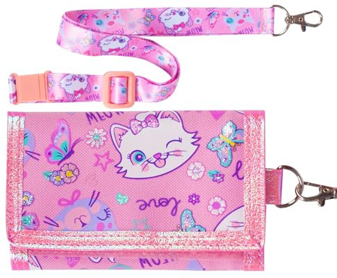 PinkSheep Kinder Geldbörse für Mädchen im Alter von 4-18 Jahren Trifold, Jugend Geldbörse mit Lanyard Zippered Coin Pocket Kartenhalter, Neuheit Geldbörse für Kinder Geburtstag Geschenke - Katze