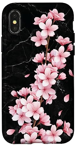 Japanische rosa Kirschblüte Sakura Blume Black Blackground Hülle für iPhone X/XS